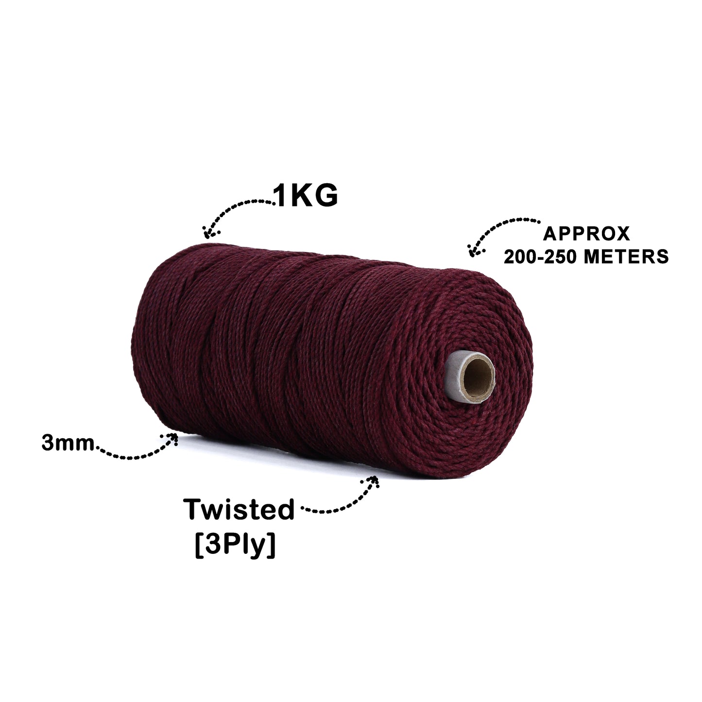 3mm Twisted (3Ply) | Wine | 200 - 250 Metres | 1kg Spool | Cotton | No 29