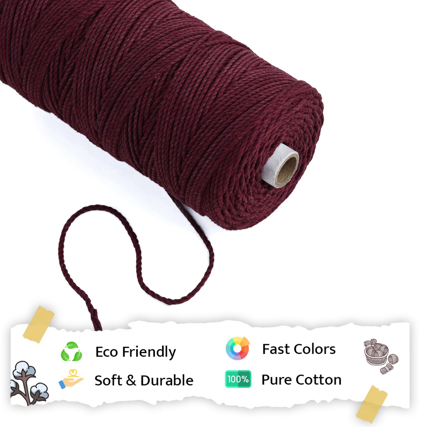 3mm Twisted (3Ply) | Wine | 200 - 250 Metres | 1kg Spool | Cotton | No 29