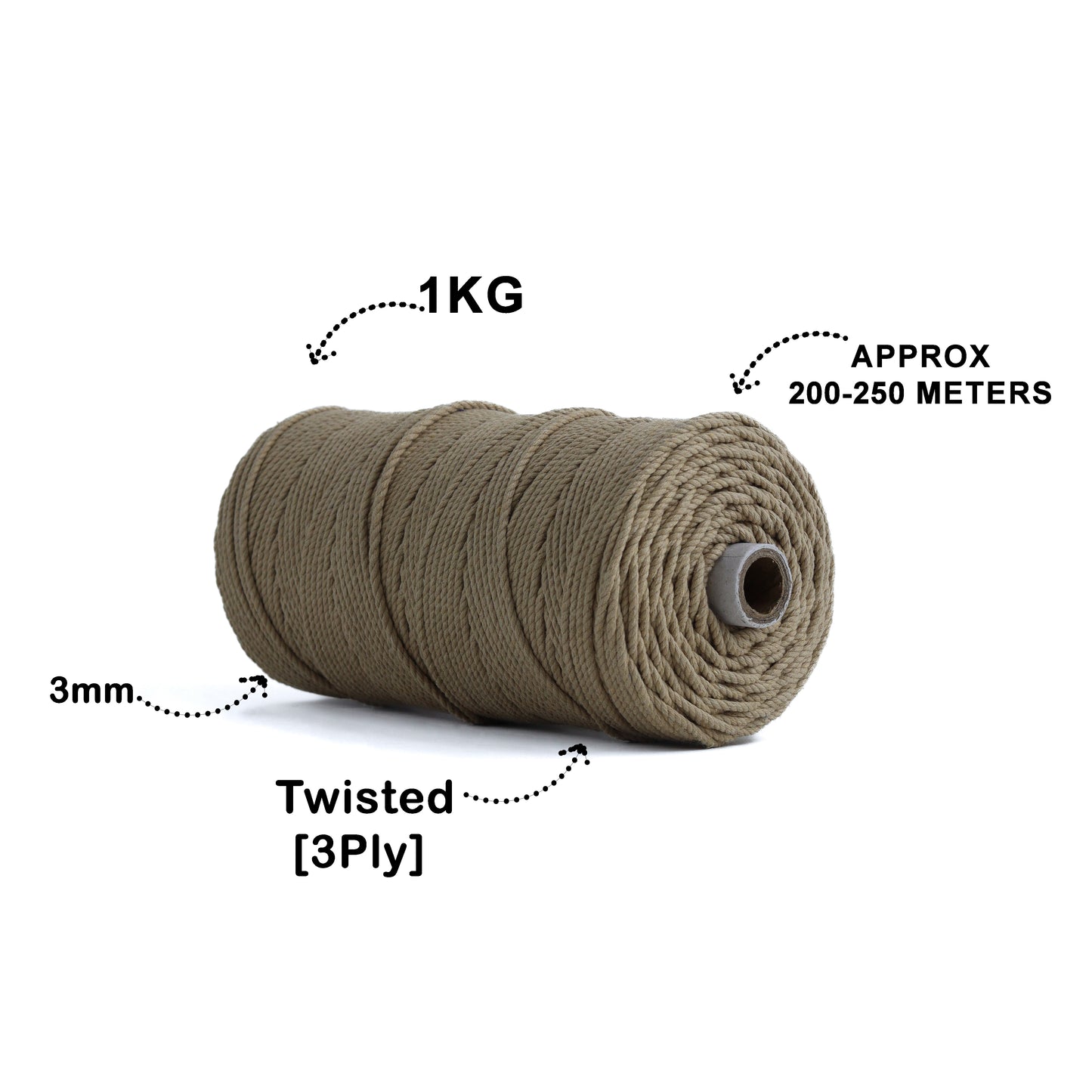 3mm Twisted (3Ply) | Beige | 200 - 250 Metres | 1kg Spool | Cotton | No 30