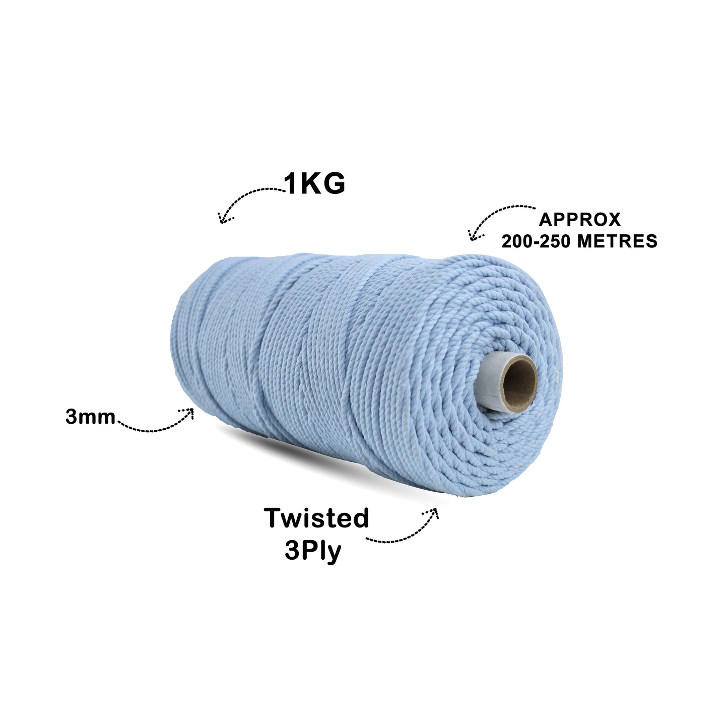 3mm Twisted (3Ply) | Ice Blue | 200 - 250 Metres | 1kg Spool | Cotton | No 32