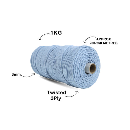 3mm Twisted (3Ply) | Ice Blue | 200 - 250 Metres | 1kg Spool | Cotton | No 32