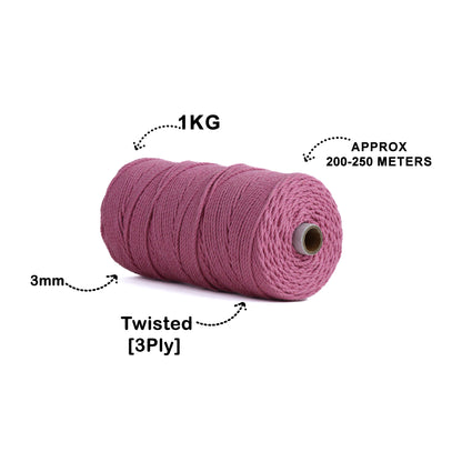 3mm Twisted (3Ply) | Bright Pink | 200 - 250 Metres | 1kg Spool | Cotton | No 33