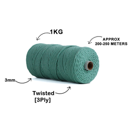 3mm Twisted (3Ply) | Mint Green | 200 - 250 Metres | 1kg Spool | Cotton | No 35