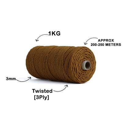 3mm Twisted (3Ply) | Golden Mustard | 200 - 250 Metres | 1kg Spool | Cotton | No 37