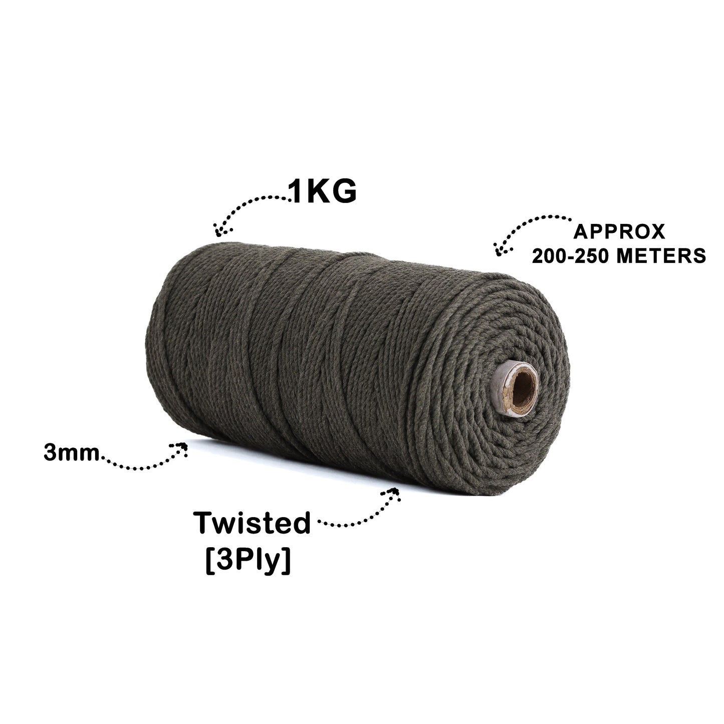 3mm Twisted (3Ply) | Army Green | 200 - 250 Metres | 1kg Spool | Cotton | No 38