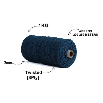 3mm Twisted (3Ply) | Teal Blue | 200 - 250 Metres | 1kg Spool | Cotton | No 39