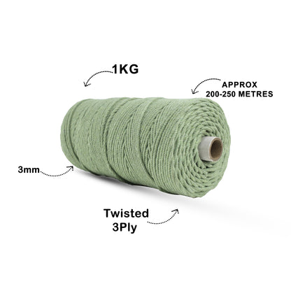 3mm Twisted (3Ply) | Olive Green | 200 - 250 Metres | 1kg Spool | Cotton | No 14