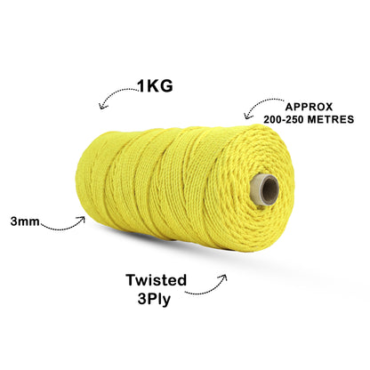 3mm Twisted (3Ply) | Yellow | 200 - 250 Metres | 1kg Spool | Cotton | No 08