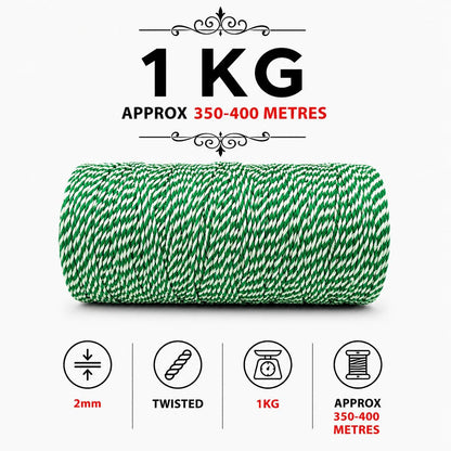 2mm Twisted Multicolor | Green+Off white | Approx 350-400 meters | 1Kg