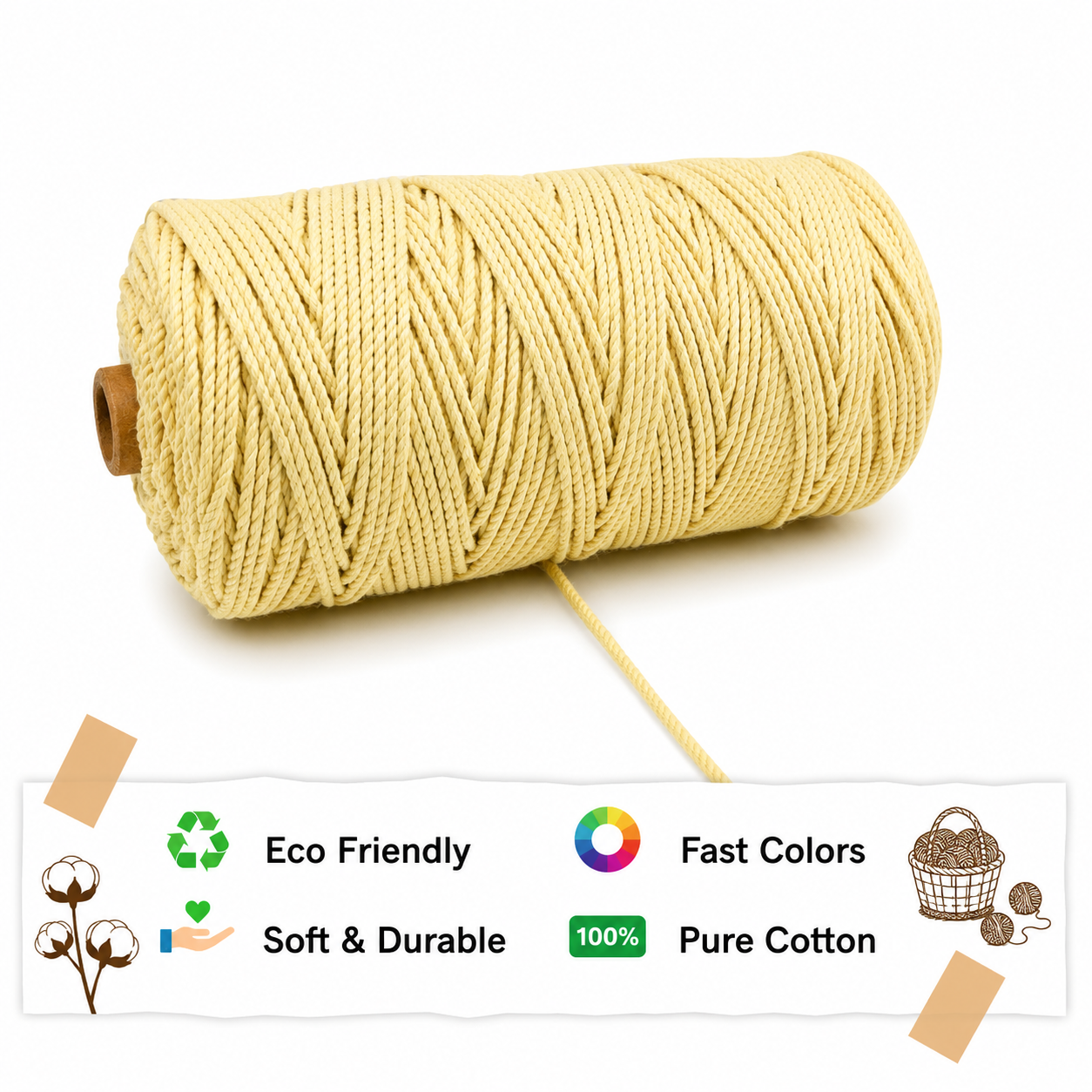 3mm Twisted (3Ply) | Light Yellow | 200 - 250 Metres | 1kg Spool | Cotton | No 09