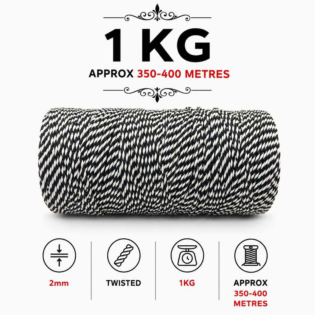 2mm Twisted Multicolor | Black+Off White | Approx 350-400 meters | 1Kg