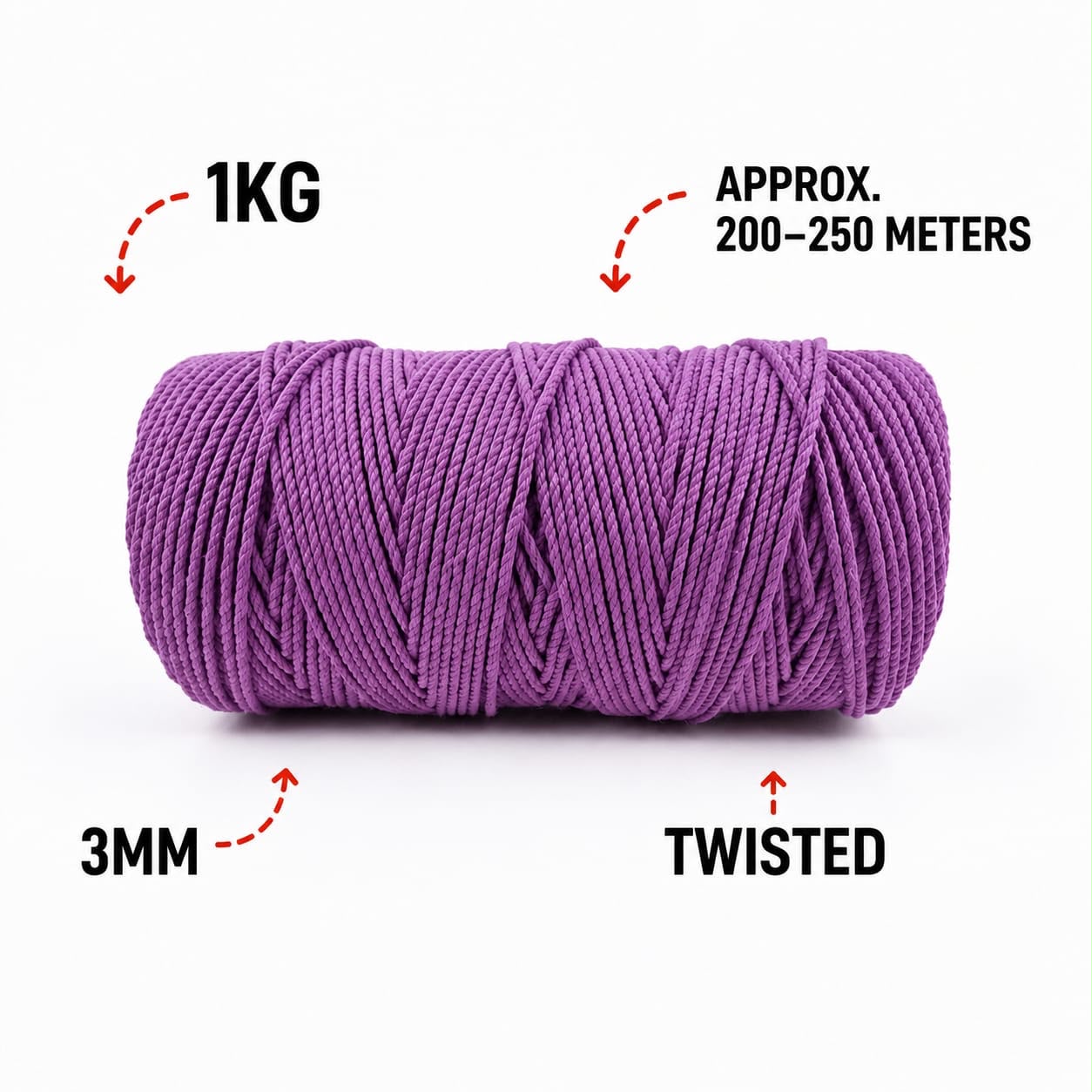 3mm Twisted (3Ply) | Mauve Colour | 200 - 250 Metres | Cotton | 1 KG Spool