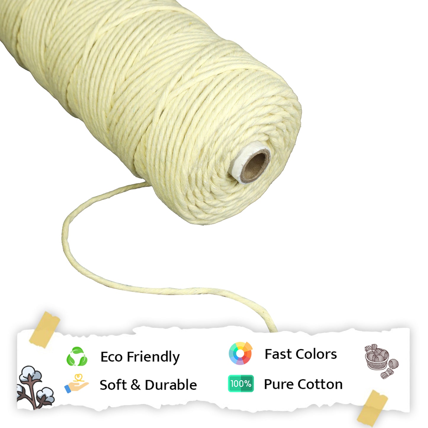 4mm Single Strand | Light Yellow | 150 Metres | 1kg Spool | Cotton  |No 09