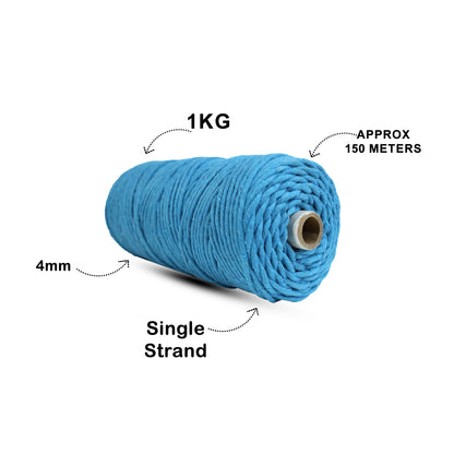 4mm Single Strand | Bright Blue | 150 Metres | 1kg Spool | Cotton  |No 22