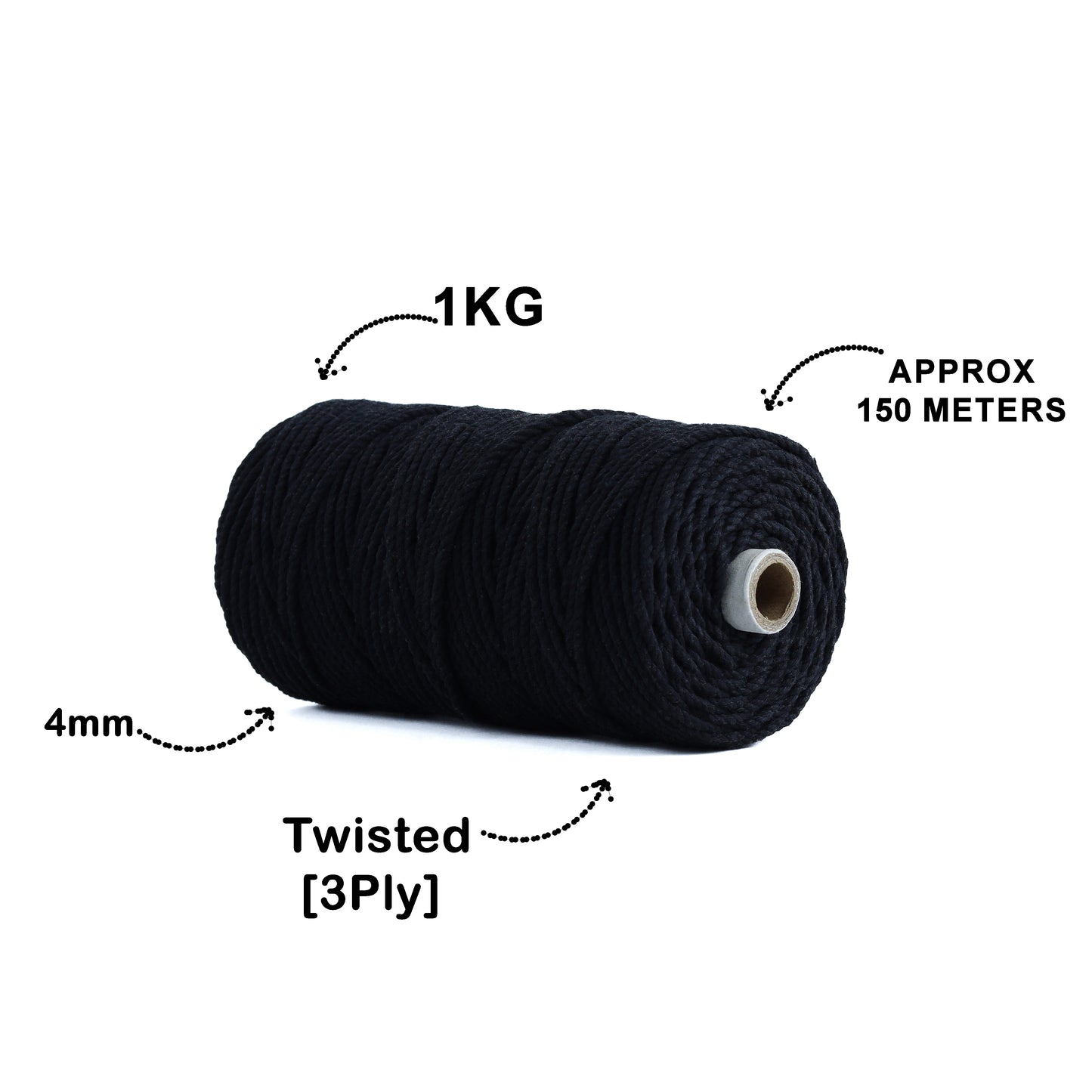 4mm Twisted (3Ply) | Black | 150 Metres | 1kg Spool | Cotton | No 01