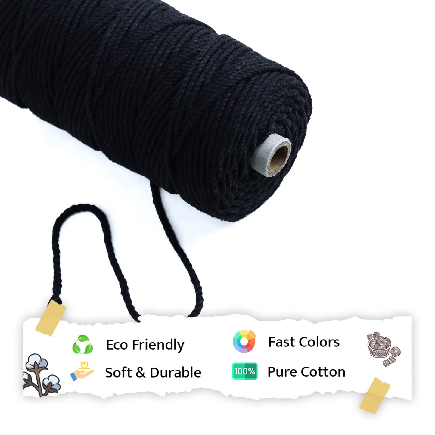 4mm Twisted (3Ply) | Black | 150 Metres | 1kg Spool | Cotton | No 01