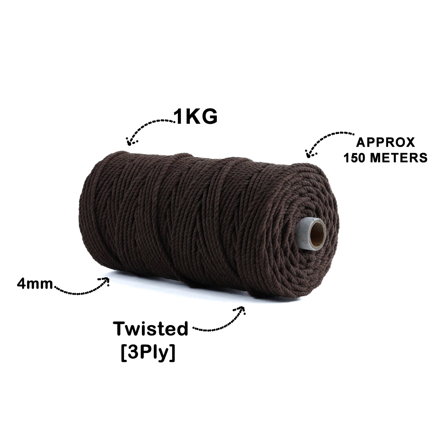 4mm ટ્વિસ્ટેડ (3Ply) | કોફી બ્રાઉન | 150 મીટર | 1 કિલો સ્પૂલ | કપાસ