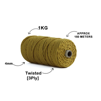 4mm Twisted (3Ply) | Mustard | 150 Metres | 1kg Spool | Cotton | No 07