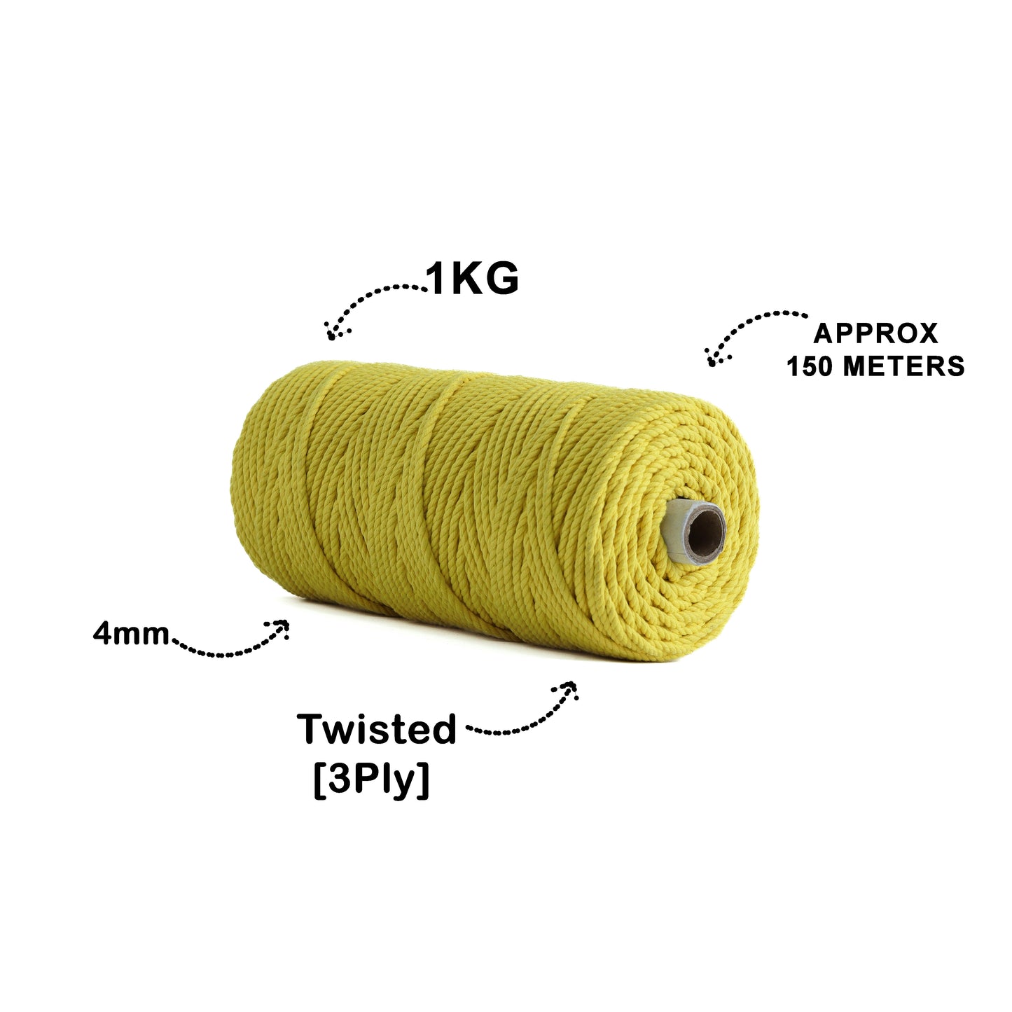 4mm Twisted (3Ply) | Yellow | 150 Metres | 1kg Spool | Cotton | No 08