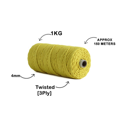 4mm Twisted (3Ply) | Yellow | 150 Metres | 1kg Spool | Cotton | No 08