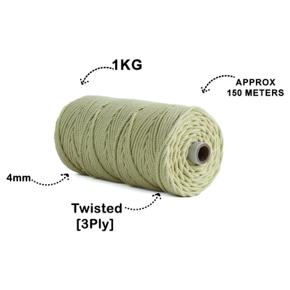 4mm Twisted (3Ply) | Light Yellow | 150 Metres | 1kg Spool | Cotton | No 09