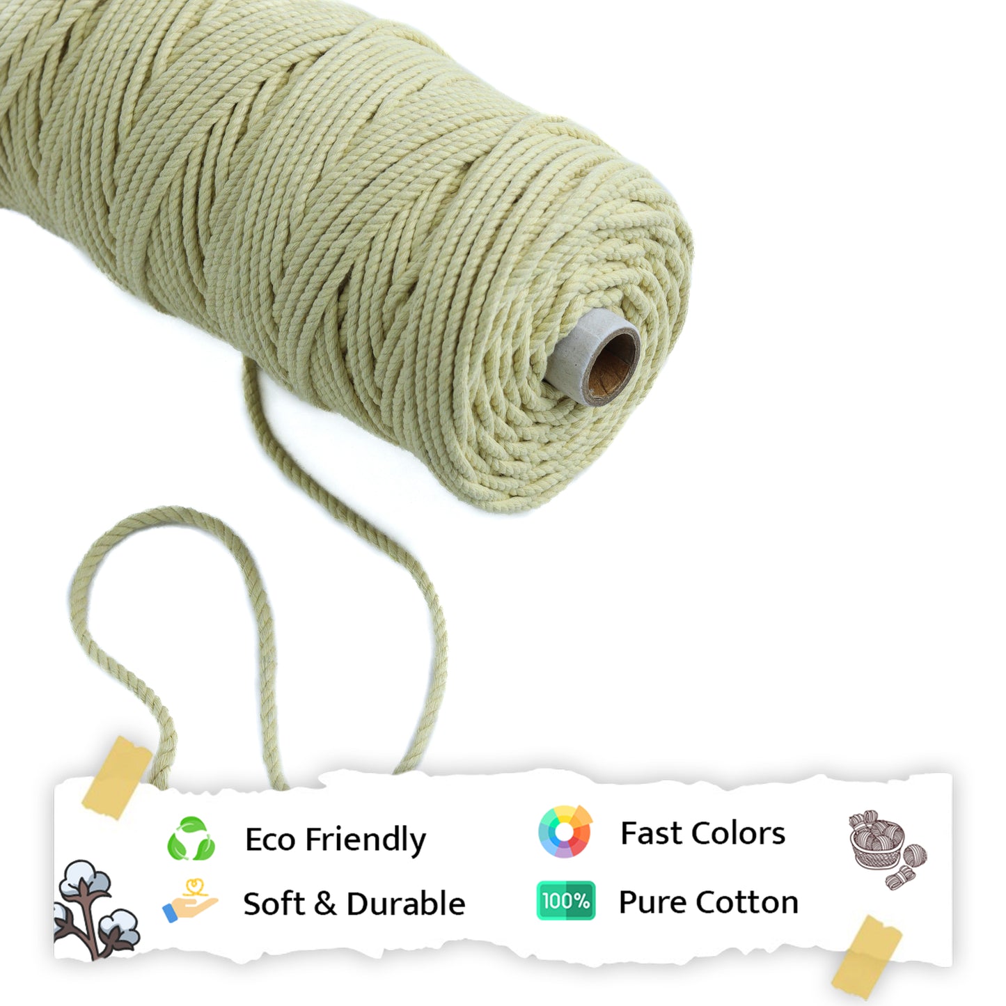 4mm Twisted (3Ply) | Light Yellow | 150 Metres | 1kg Spool | Cotton | No 09