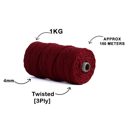 4mm Twisted (3Ply) | Red | 150 Metres | 1kg Spool | Cotton | No 15