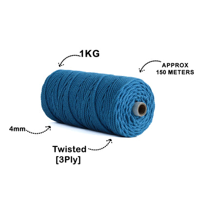 4mm Twisted (3Ply) | Bright Blue | 150 Metres | 1kg Spool | Cotton | No 22