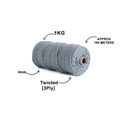 4mm Twisted (3Ply) | Steel Grey | 150 Metres | 1kg Spool | Cotton | No 24