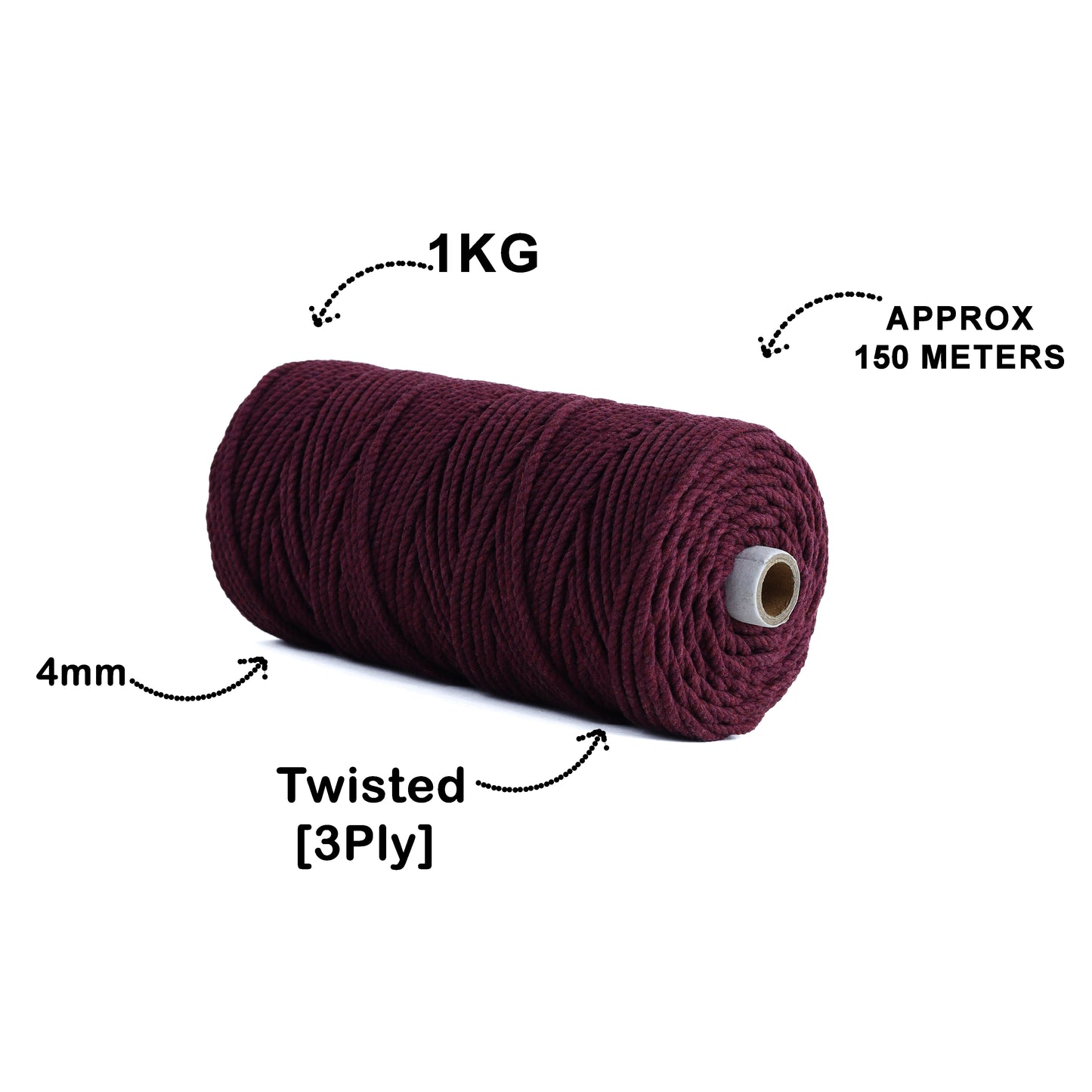 4mm Twisted (3Ply) | Wine | 150 Metres | 1kg Spool | Cotton | No 29