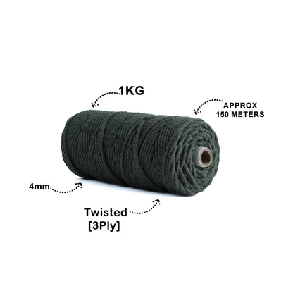 4mm Twisted (3Ply) | Army Green | 150 Metres | 1kg Spool | Cotton | No 38