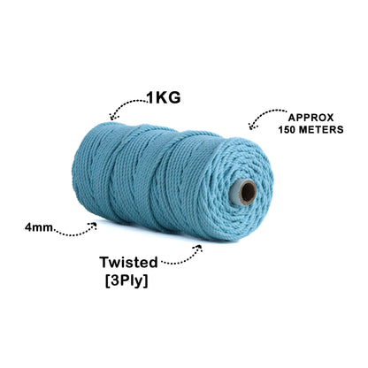 4mm Twisted (3Ply) | Aqua Blue | 150 Metres | 1kg Spool | Cotton | No 40