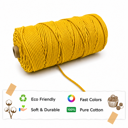 3mm Twisted (3Ply) | Mustard | 200 - 250 Metres | 1kg Spool | Cotton | No 07