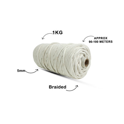 5mm Braided | Off White | Approx 100 Metres | 1kg Spool | Cotton | No 04