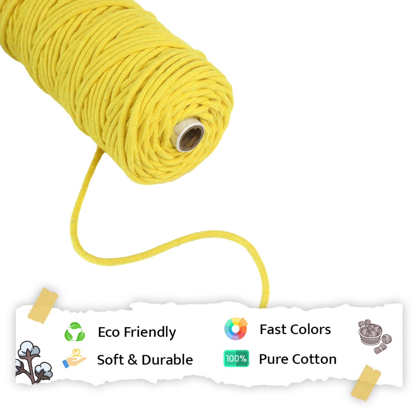 5mm Braided | Yellow | Approx 100 Metres | 1kg Spool | Cotton | No 08