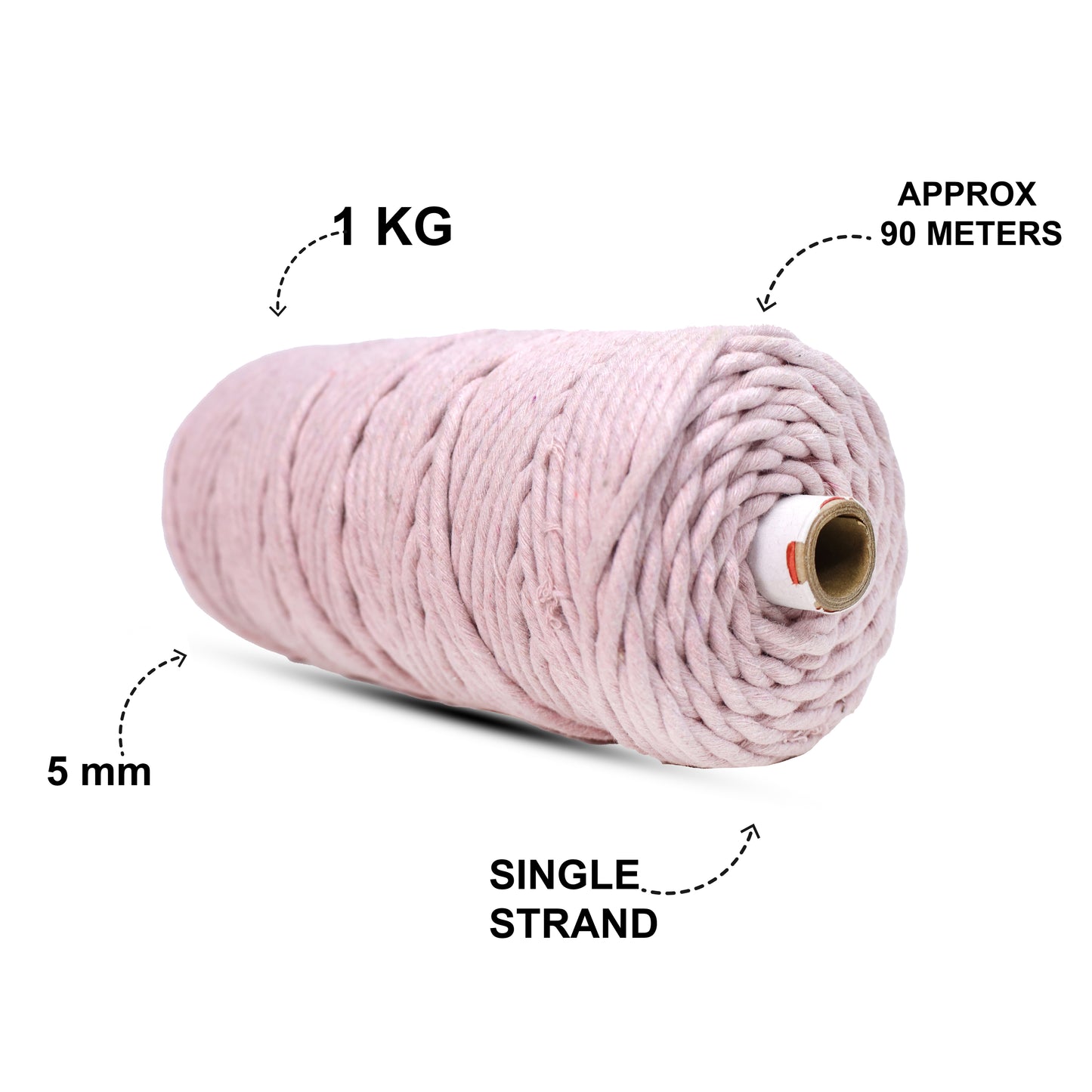 5mm સિંગલ સ્ટ્રાન્ડ | બેબી પિંક | આશરે 100 મીટર | 1 કિલો સ્પૂલ | કપાસ