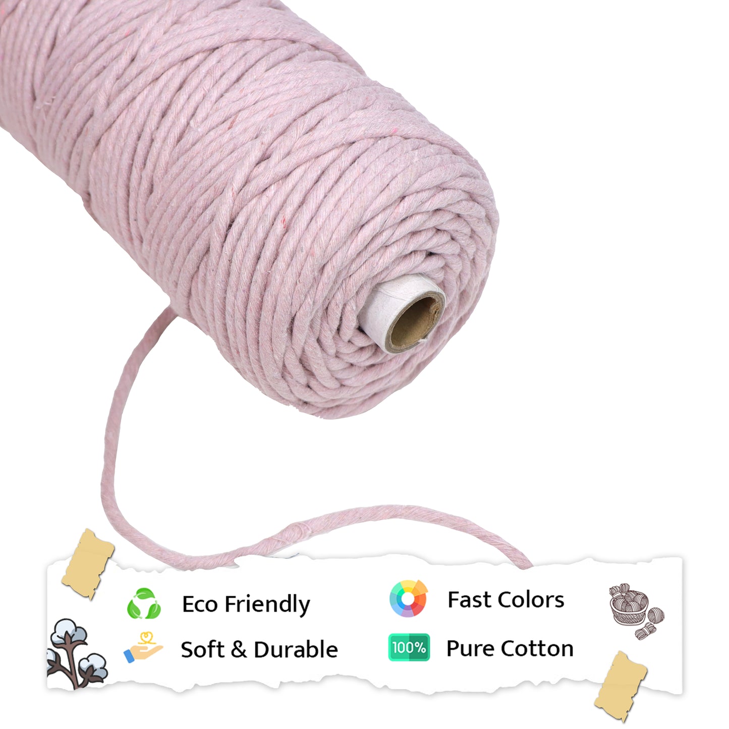 5mm સિંગલ સ્ટ્રાન્ડ | બેબી પિંક | આશરે 100 મીટર | 1 કિલો સ્પૂલ | કપાસ