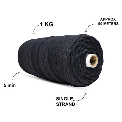 5mm Single Strand | Black | Approx 100 Metres | 1kg Spool | Cotton | No 01