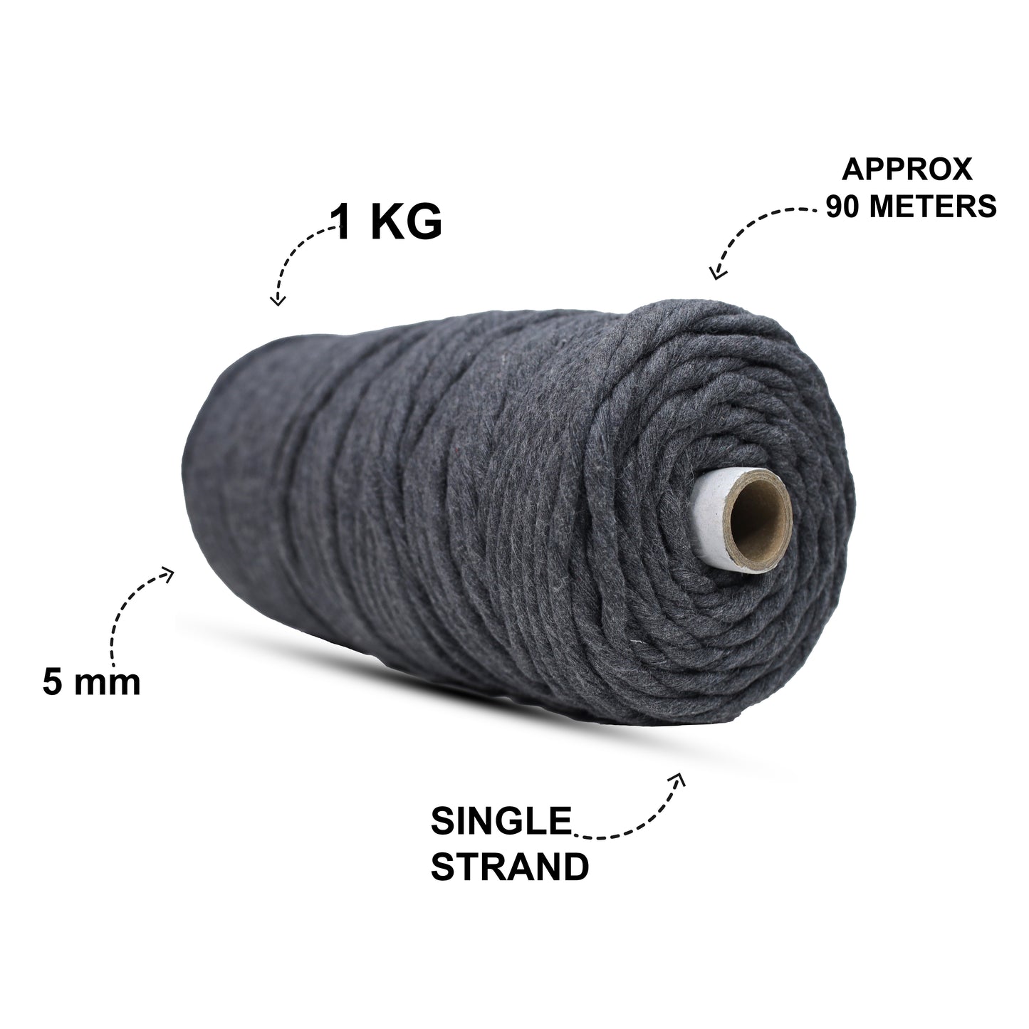 5mm Single Strand | Dark Grey | Approx 100 Metres | 1kg Spool | Cotton | No 02