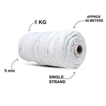 5mm Single Strand | Pure White | Approx 100 Metres | 1kg Spool | Cotton | No 03