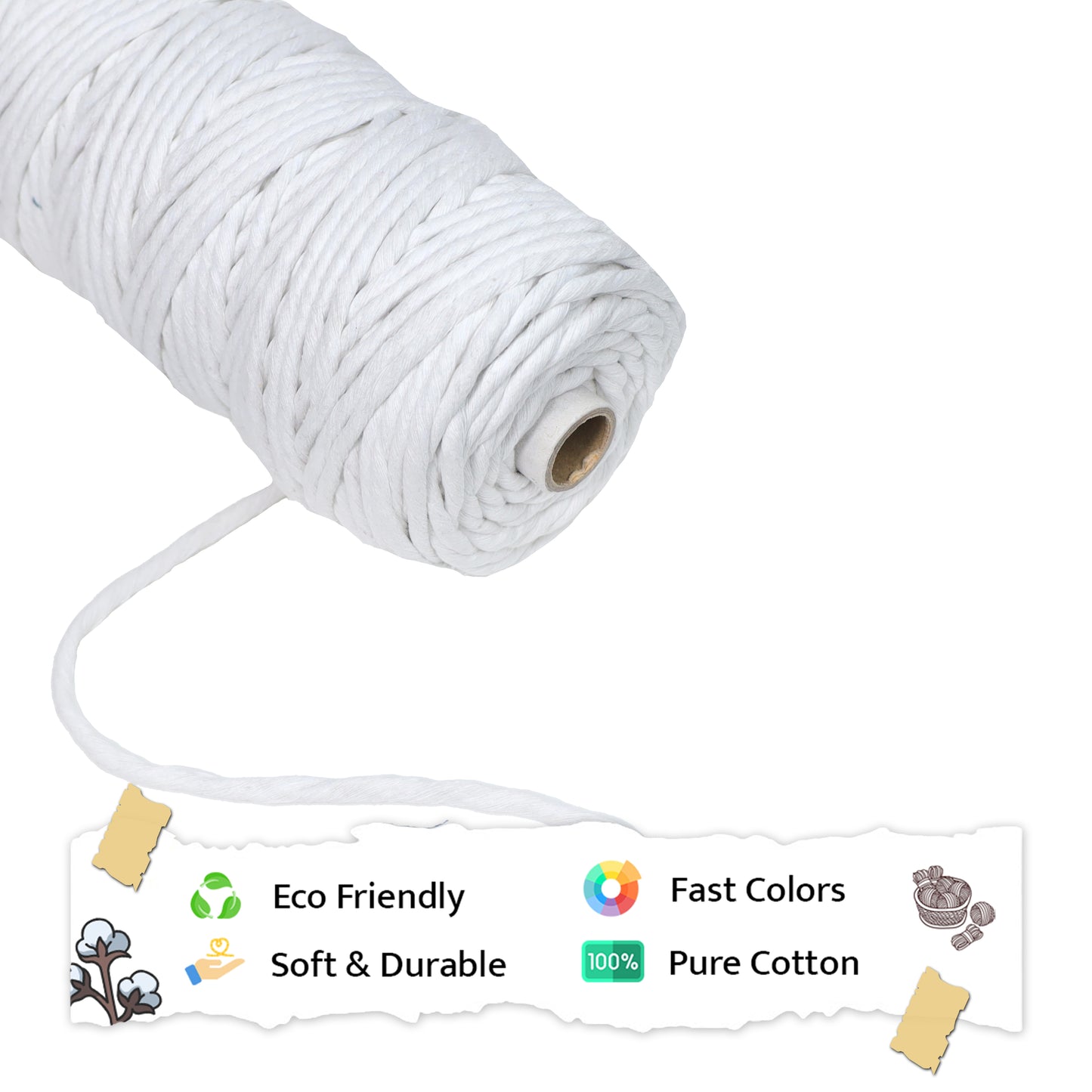 5mm Single Strand | Pure White | Approx 100 Metres | 1kg Spool | Cotton | No 03