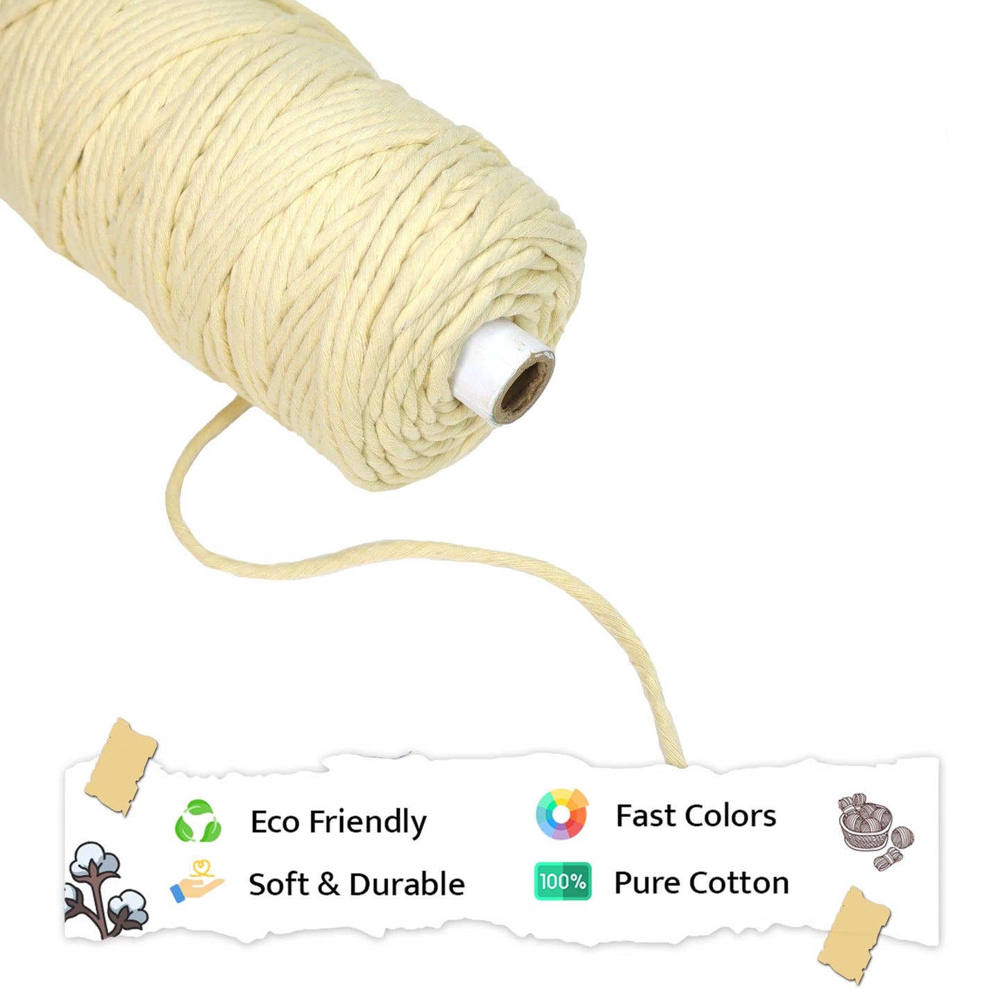 5mm Single Strand | Light Yellow | Approx 100 Metres | 1kg Spool | Cotton | No 09