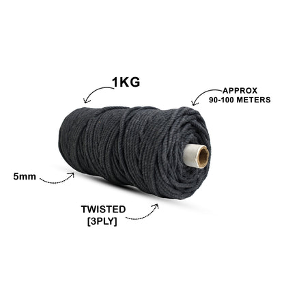 5mm Twisted (3Ply) | Dark Grey | Approx 100 Metres | 1kg Spool | Cotton