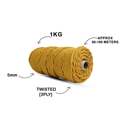 5mm Twisted (3Ply) | Mustard | Approx 100 Metres | 1kg Spool | Cotton