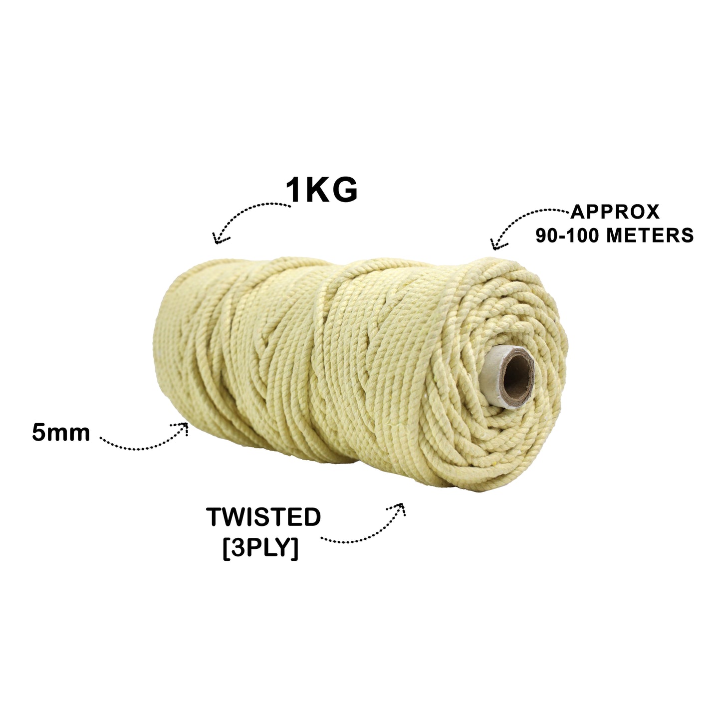 5mm Twisted (3Ply) | Light Yellow | Approx 100 Metres | 1kg Spool | Cotton