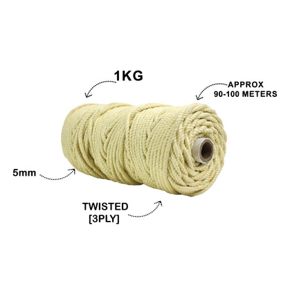 5mm Twisted (3Ply) | Light Yellow | Approx 100 Metres | 1kg Spool | Cotton