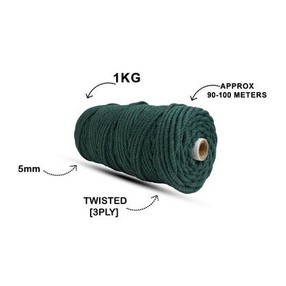 5mm Twisted (3Ply) | Forrest Green | Approx 100 Metres | 1kg Spool | Cotton