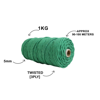 5mm Twisted (3Ply) | Green | Approx 100 Metres | 1kg Spool | Cotton