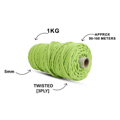 5mm Twisted (3Ply) | Parrot Green | Approx 100 Metres | 1kg Spool | Cotton