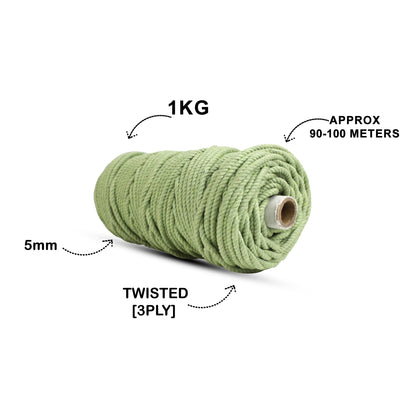 5mm Twisted (3Ply) | Olive Green | Approx 100 Metres | 1kg Spool | Cotton